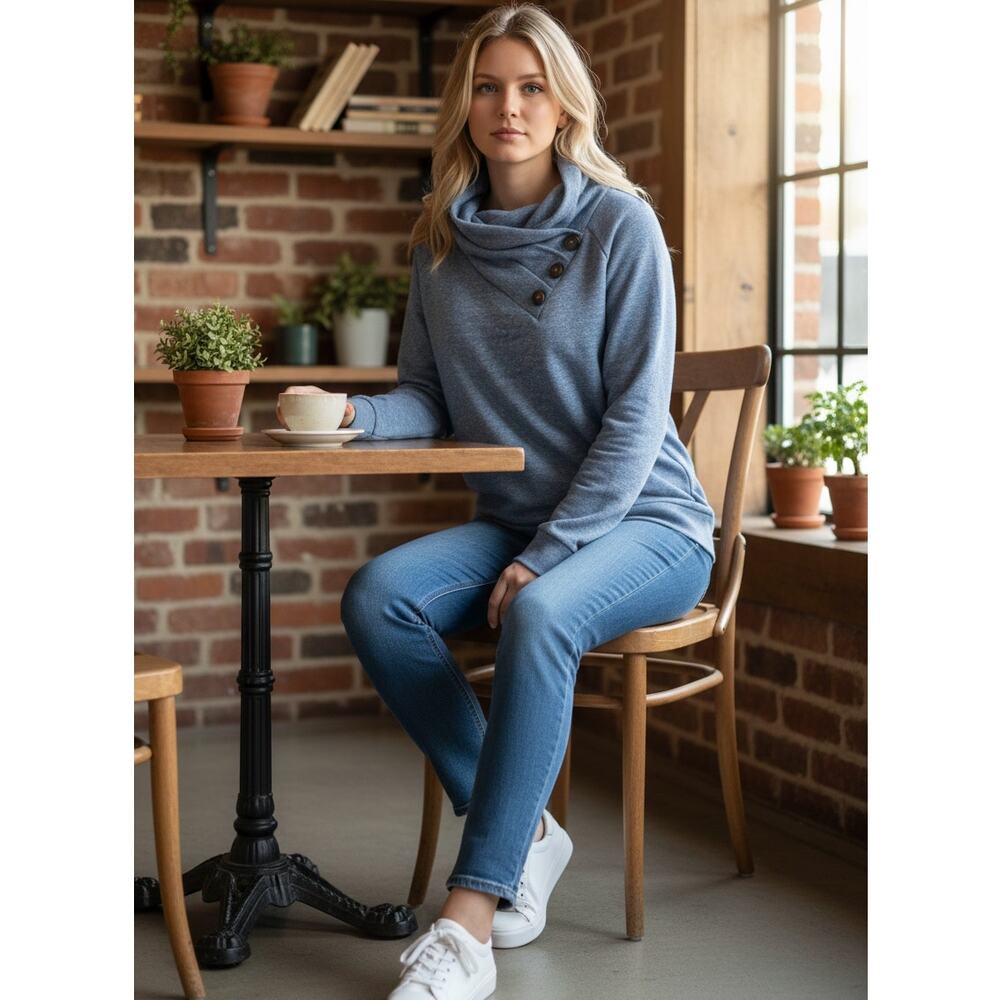 Soft Surroundings Brinley Top Blue Pleated Cowl Neck Pullover Women’s Medium EUC